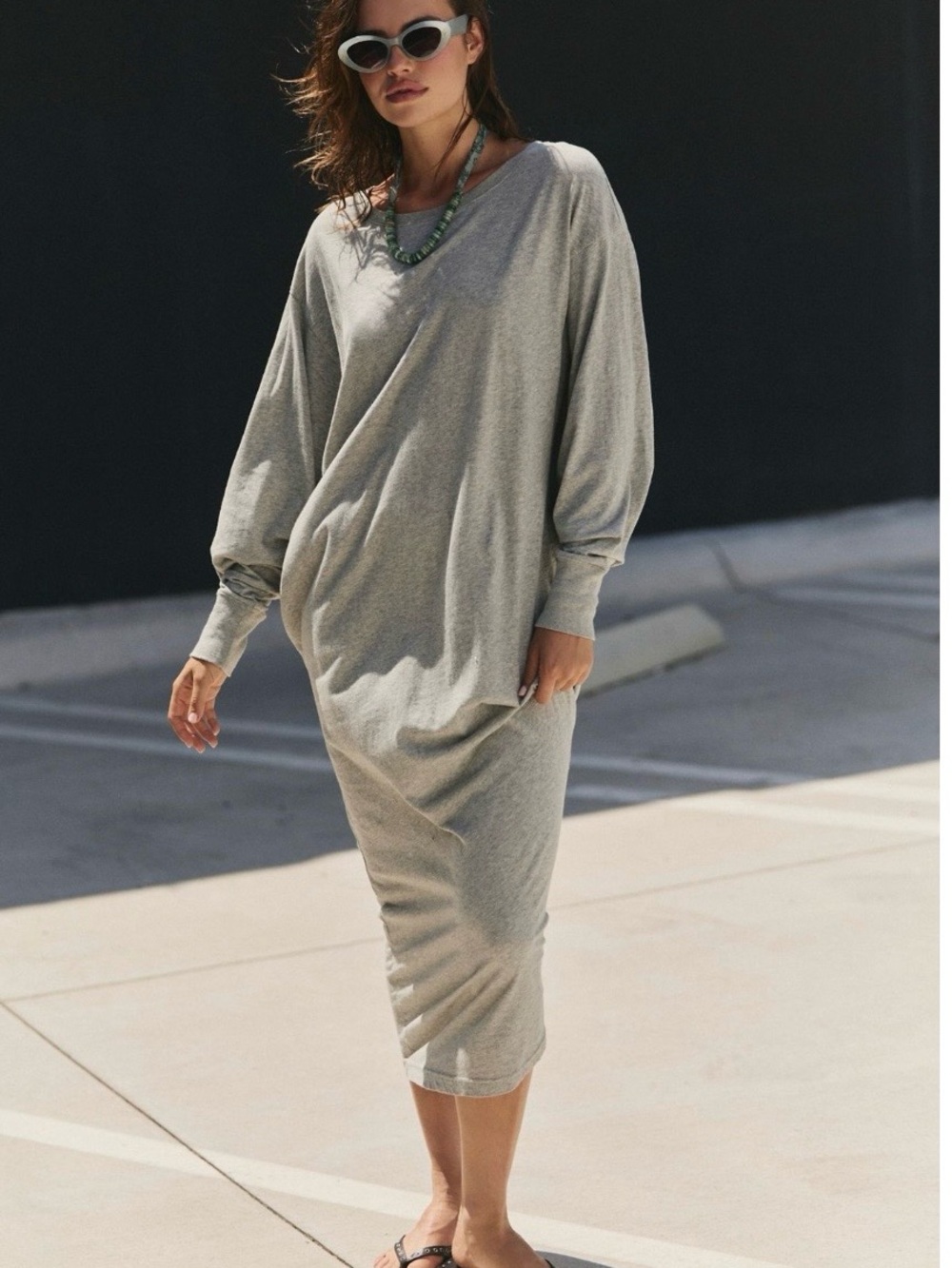 Free People Relaxed Long Sleeve Maxi Dress in Light Gray